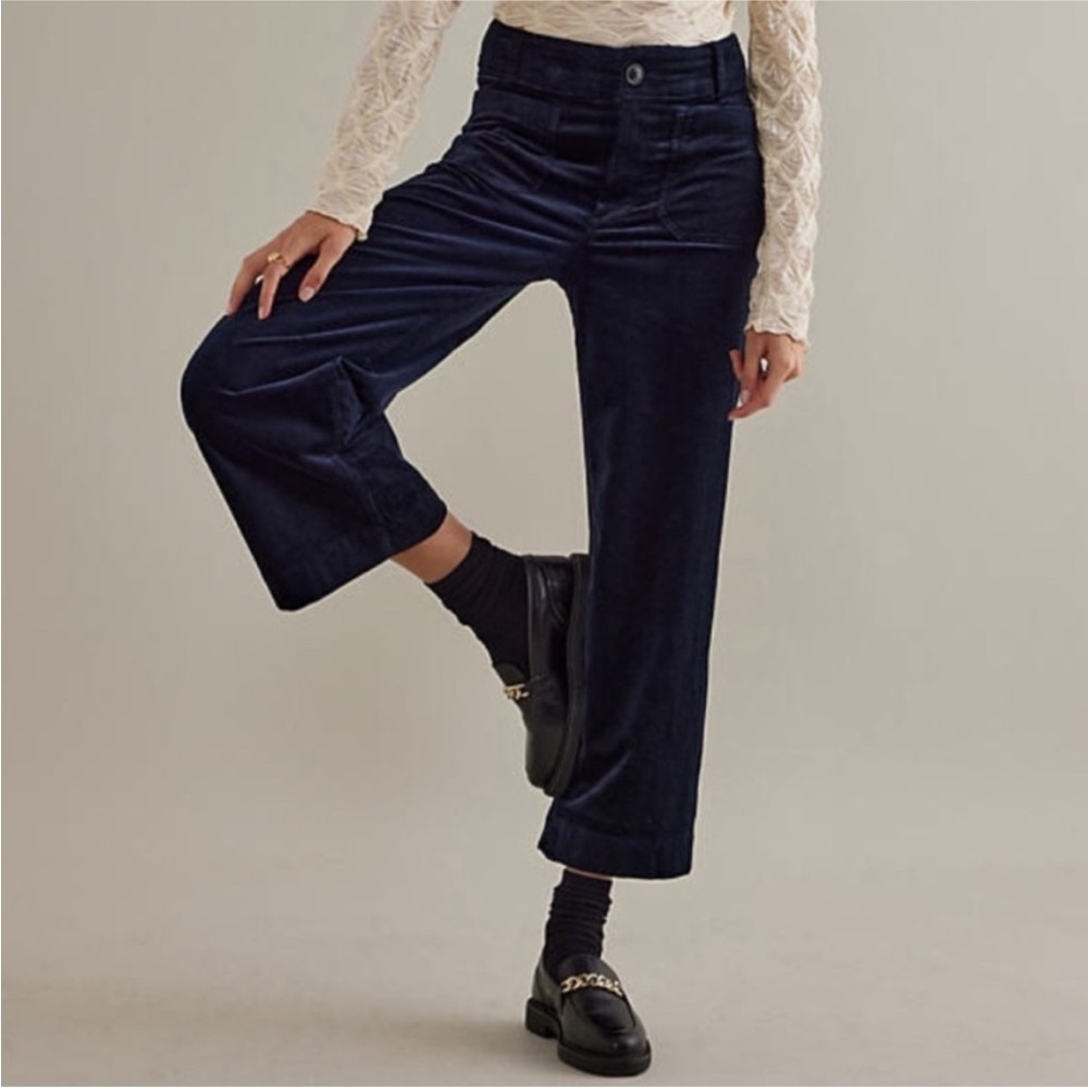 Anthropologie Maeve Colette Navy Blue Corduroy Cropped Wide Leg Pants size 29